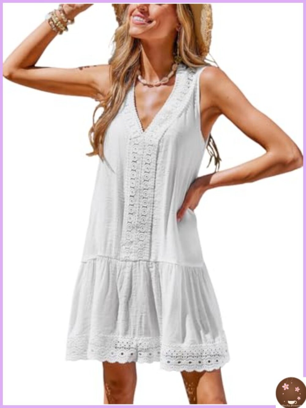 Lace Beach Cover Up Dress Sleeveless V Neck Ruffle Hem Lightweight